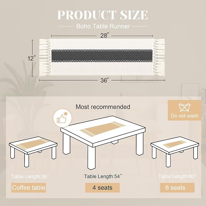 FEXIA Boho Table Runner for Summer Home Decor with Tassels 36 Inches Long Farmhouse Grey Rustic Burlap Table Runner Macrame Table Decoration for Kitchen Bedroom Living Room (12x36 Inches)