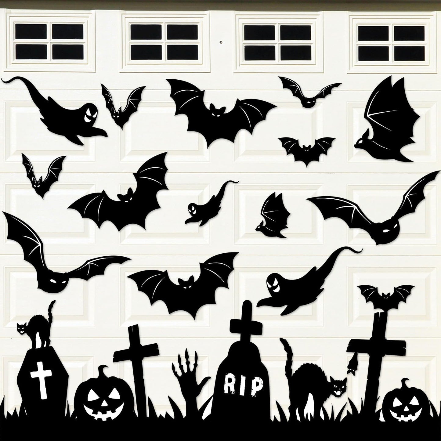 32Pcs Halloween Garage Magnets Door Decorations Happy Halloween Tombstone Cross Pumpkins Black Cat Bat Ghost Magnetic Refrigerator Stickers Large Decals for Halloweens Holiday Outdoor Car Party Decor