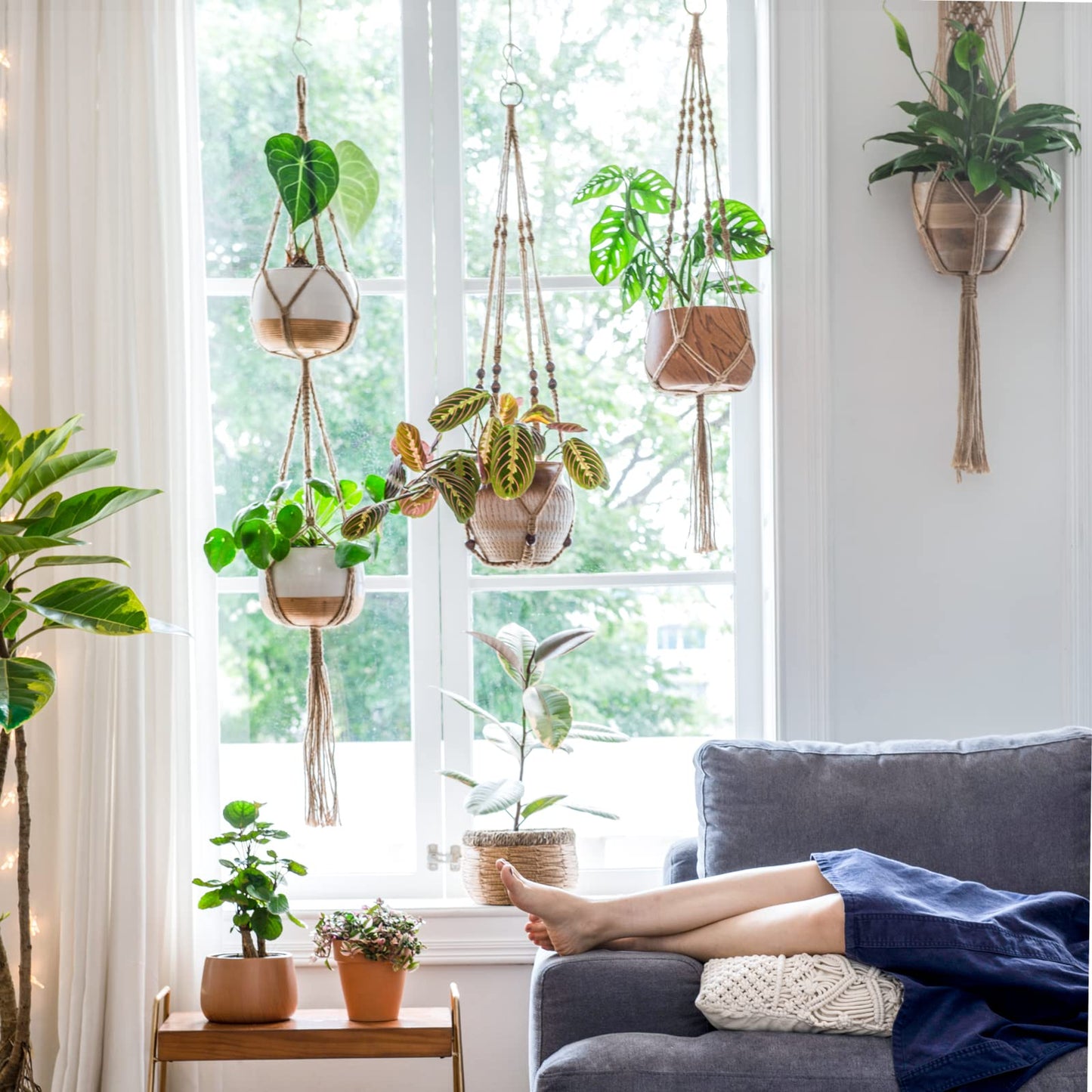Mkono Set of 7 Macrame Plant Hangers Indoor 6 Different Size Hanging Planter Basket Flower Pot Holder 67"/46"//41"/35"/29"/23", Brown