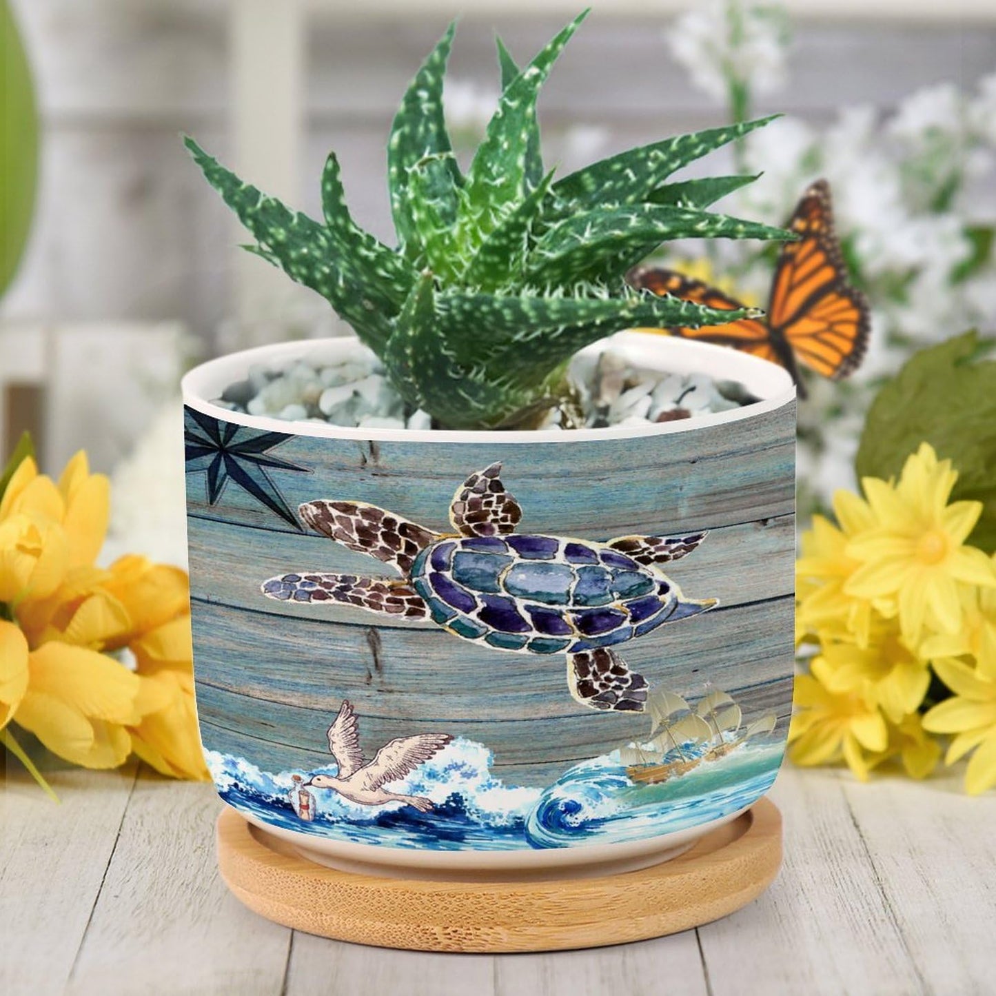 DreamAutumn Ocean Theme Sea Turtle Planter Ceramic Round Plant Pots with Drainage Holes and Bamboo Tray Planting Small Flower Pots for Home Windowsill Desk Garden Indoor Outdoor Use