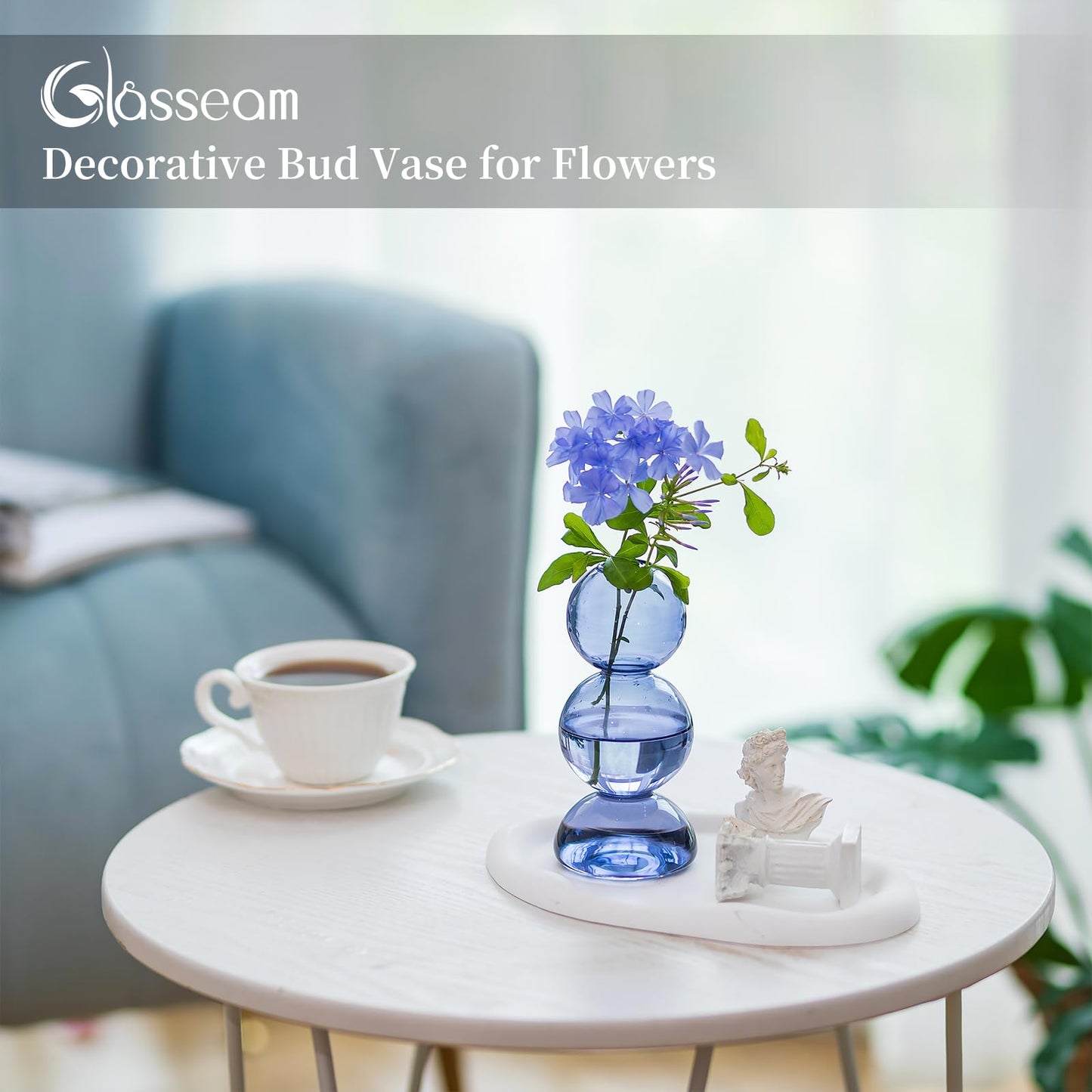 Glasseam Glass Bubble Vase, Cute Light Blue Vases for Flowers, Unique Small Flower Vases for Centerpieces, Ball Aesthetic Decorative Vase, Round Modern Vase for Home Decor Living Room Decorations