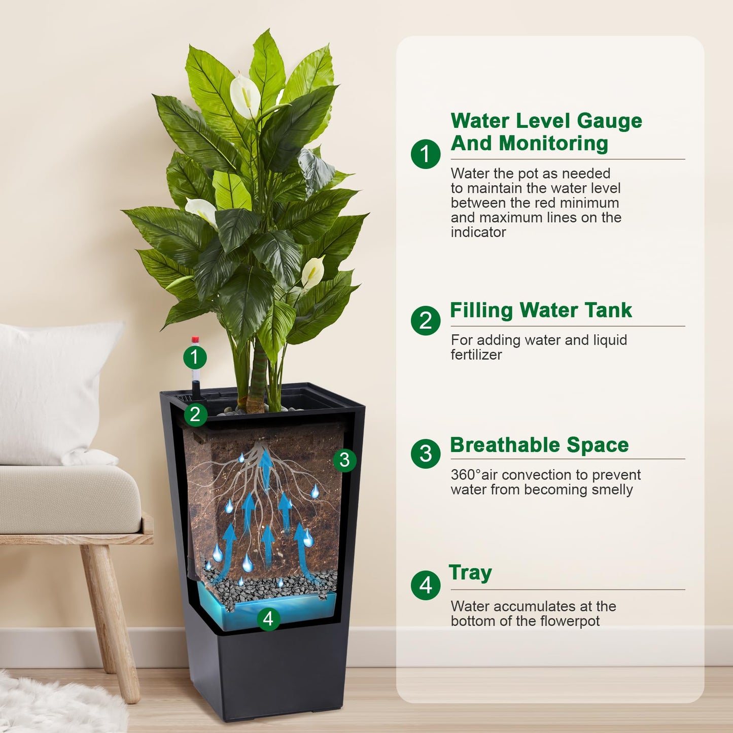 GarveeLife 22.5 in Tall Planters Set of 2, Outdoor＆Indoor Black Planter Pots, High Front Porch Planter Pots with Drainage Holes＆Water Level Monitor＆Inner Bucket, Automatic Watering, Black
