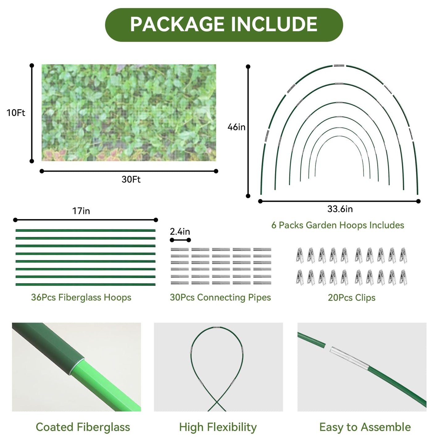 Garden Netting Kit for Raised Beds, 10x30FT Ultra Fine Mesh Netting＆ 6 Sets of 8FT Fiberglass Garden Hoops, Row Cover Insect Netting for Vegetable Plant Fruit Flowers Protection