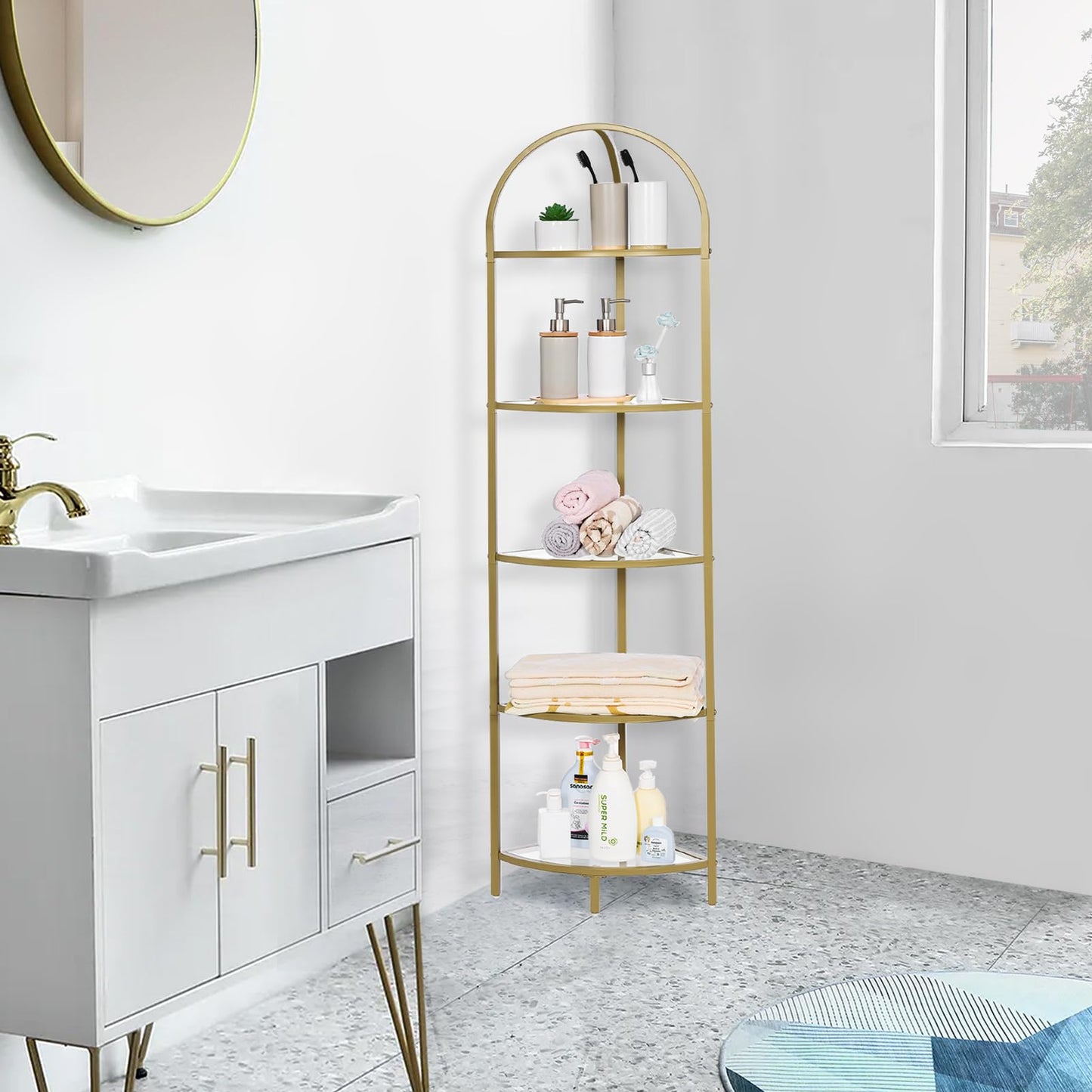 Homhedy 5-Tier Corner Shelf Stand, Metal Corner Bookshelf, Tempered Glass Shelves, Bathroom Storage Rack Shelf, Plant Stand, Modern Style, Golden