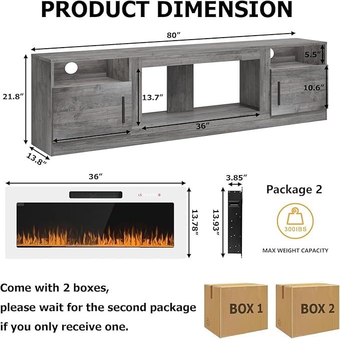 PRETZI Fireplace TV Stand with 36" Fireplace Up to 90" TVs, Remote Control