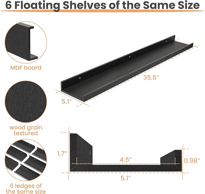 upsimples Floating Shelves for Wall, 35.5 Inch Shelves for Decor Storage Set of