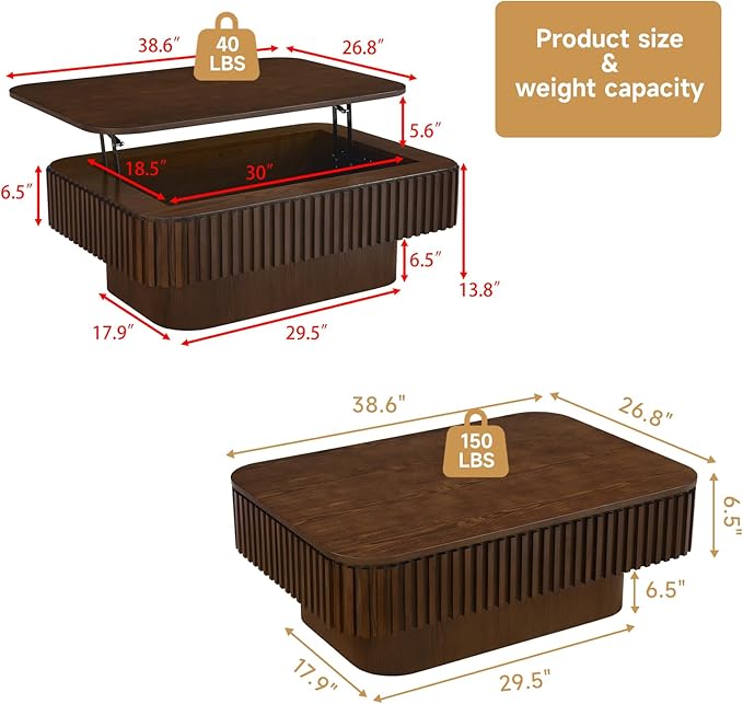 Lift Top Coffee Table for Living Room, Rectangle Handmade Solid Wood Strips