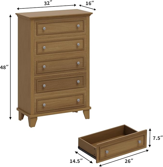 IDEALHOUSE 5 Drawer Dresser, Wooden Storage Chest of Drawers