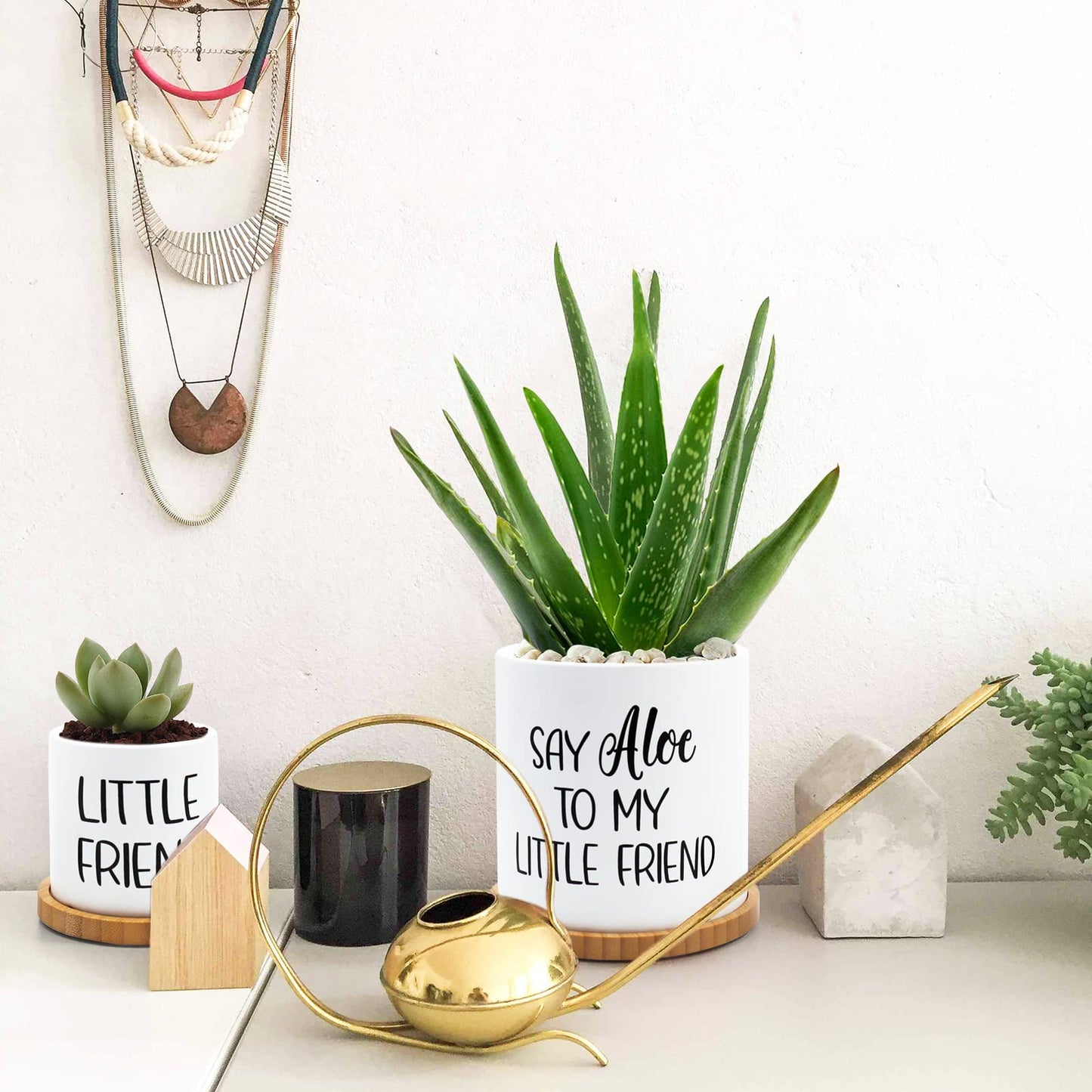 Tuitessine Say Aloe to My Little Friend Planter Plant Lover Set of 2 Spring Funny Pun Flower Pot with Bamboo Tray Ceramic Indoor Succulent Hole Spring Birthday Housewarming Gifts (No Plants)