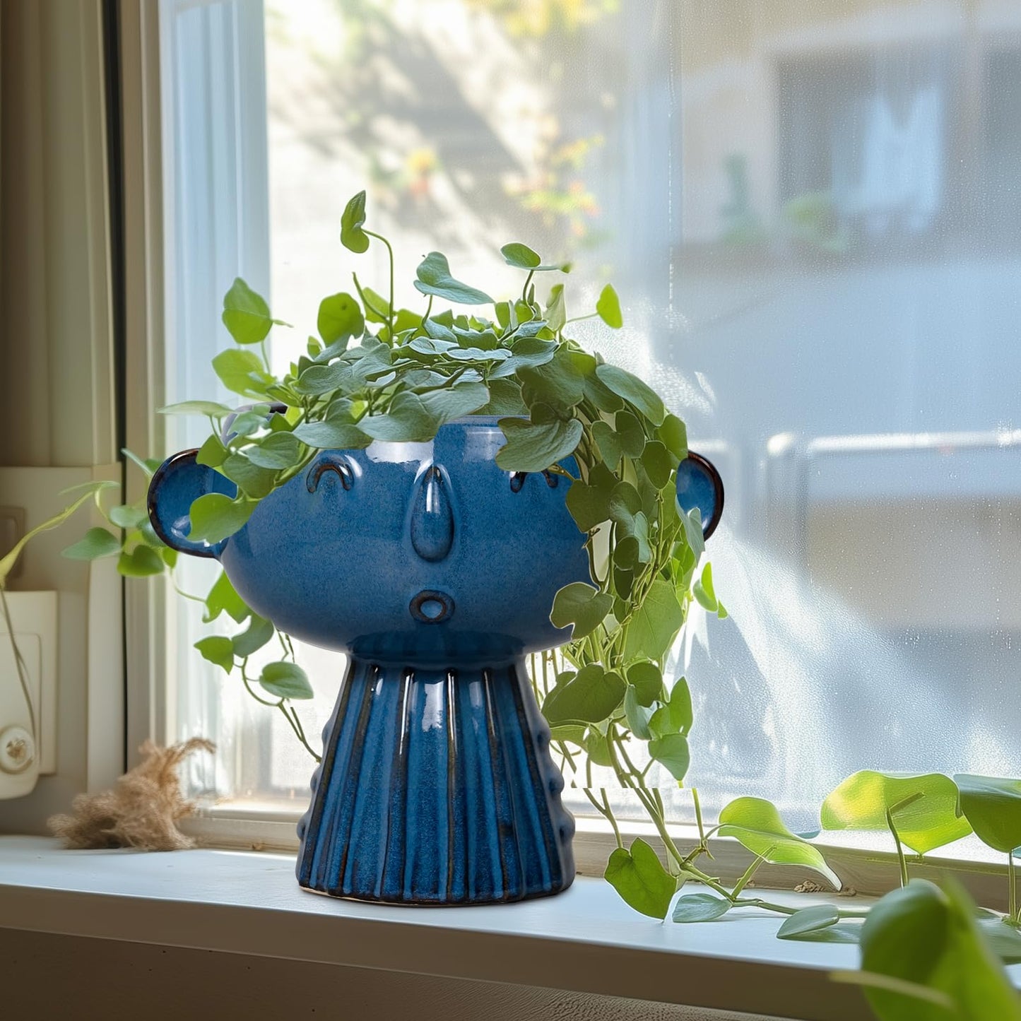 Fivepot Head Planter Pot - 7 Inch Cute Face Planter for Indoor Outdoor Plants Ceramic Succulent Pot Round Flower Pot Present for Mother Christmas with Drainage Hole Blue