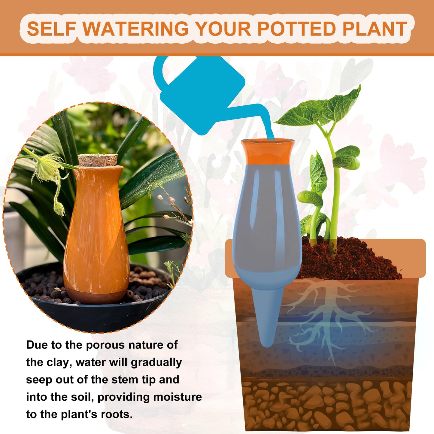 4 Packs Ollas Plant Watering Globes, 12 Oz Terracotta Self Watering Planter Insert, Automatic Watering Devices, Clay Drip Irrigation Stake for Indoor & Outdoor Plants, 1 Week Easy to Refill(Orange)