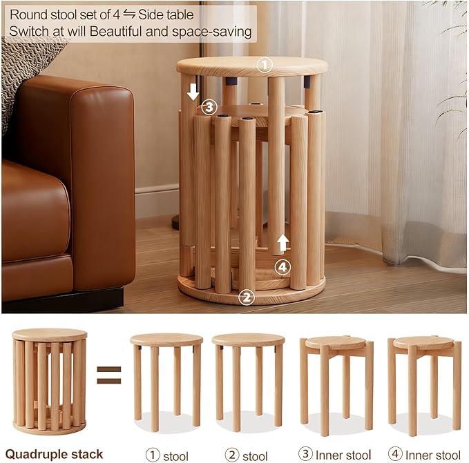 Stackable Stools Set of 4, 100% Solid Wood Stool No Installation Required
