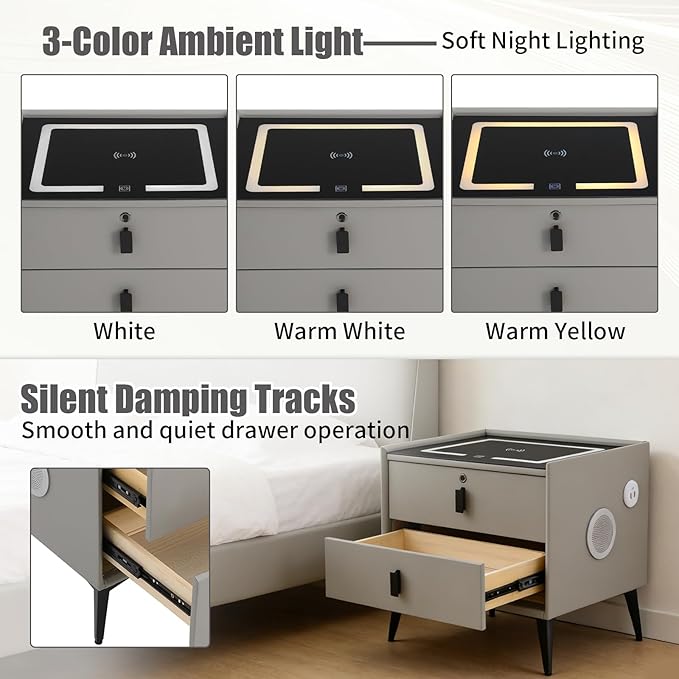 Smart Nightstand with Charging Station, Adjustable LED, USB Ports, Fingerprint
