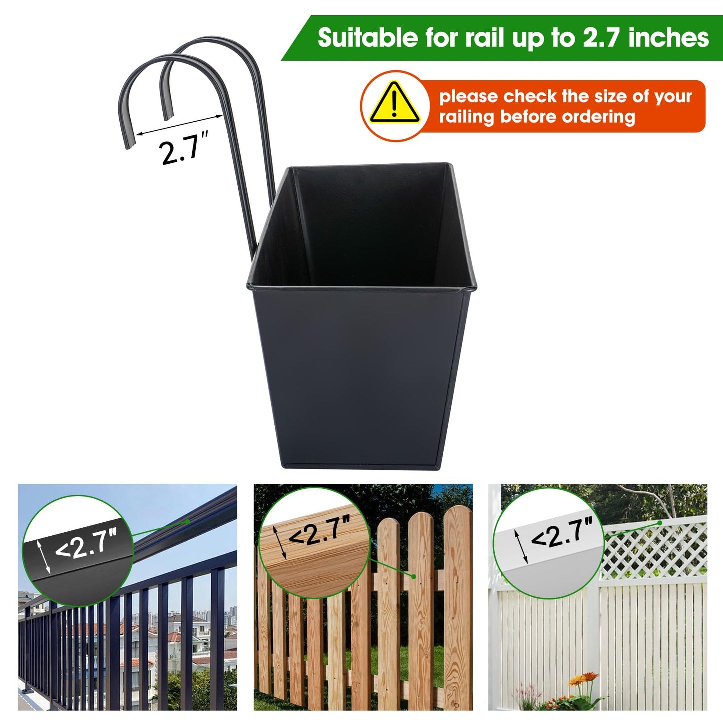 OGIMA 16-Inch Railing Planter Box, 3 Pack Large Hanging Planters for Outdoor Plants with Detachable Wide Hooks for 2.7'' Railings - Balcony Planters Railing Hanging for Deck, Fence & Patio Decor