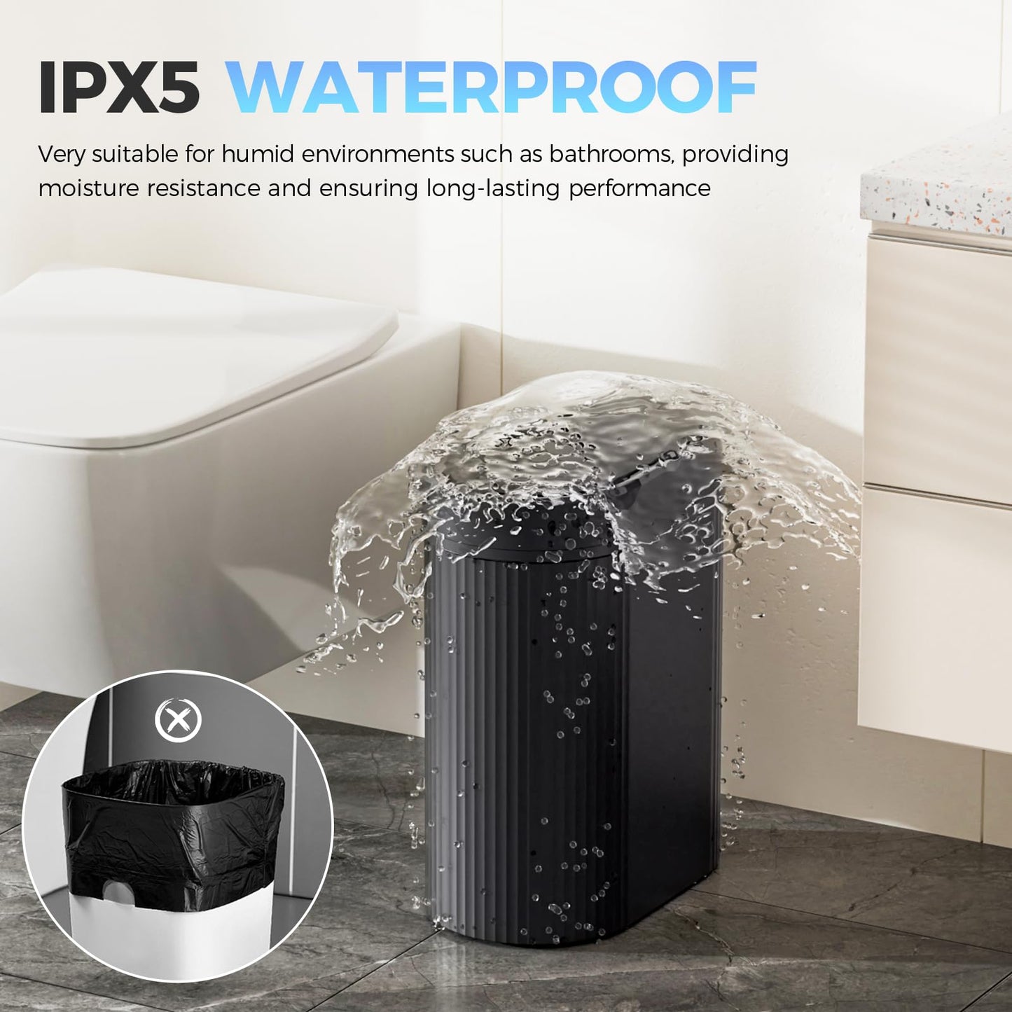 jinligogo 5 Gallon Bathroom Trash Can with Lid, Automatic Motion Sensor Black Trash Can, Touchless Slim Waterproof Garbage Bin for Kitchen, Bedroom, Office, and Bathroom