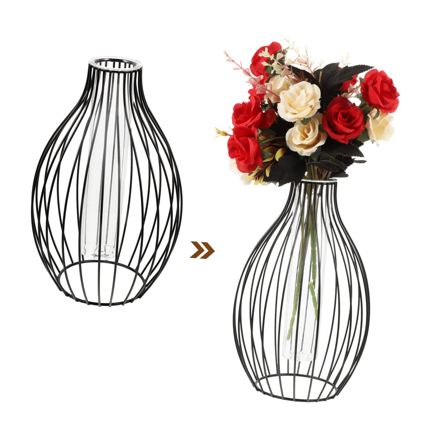 Cabilock Delicate Hydroponic Vase with Hollow Iron Frame Glass Terrarium for Plants European Style Stand Flower Vase for Home Decor Centerpiece for Holidays and Special Events