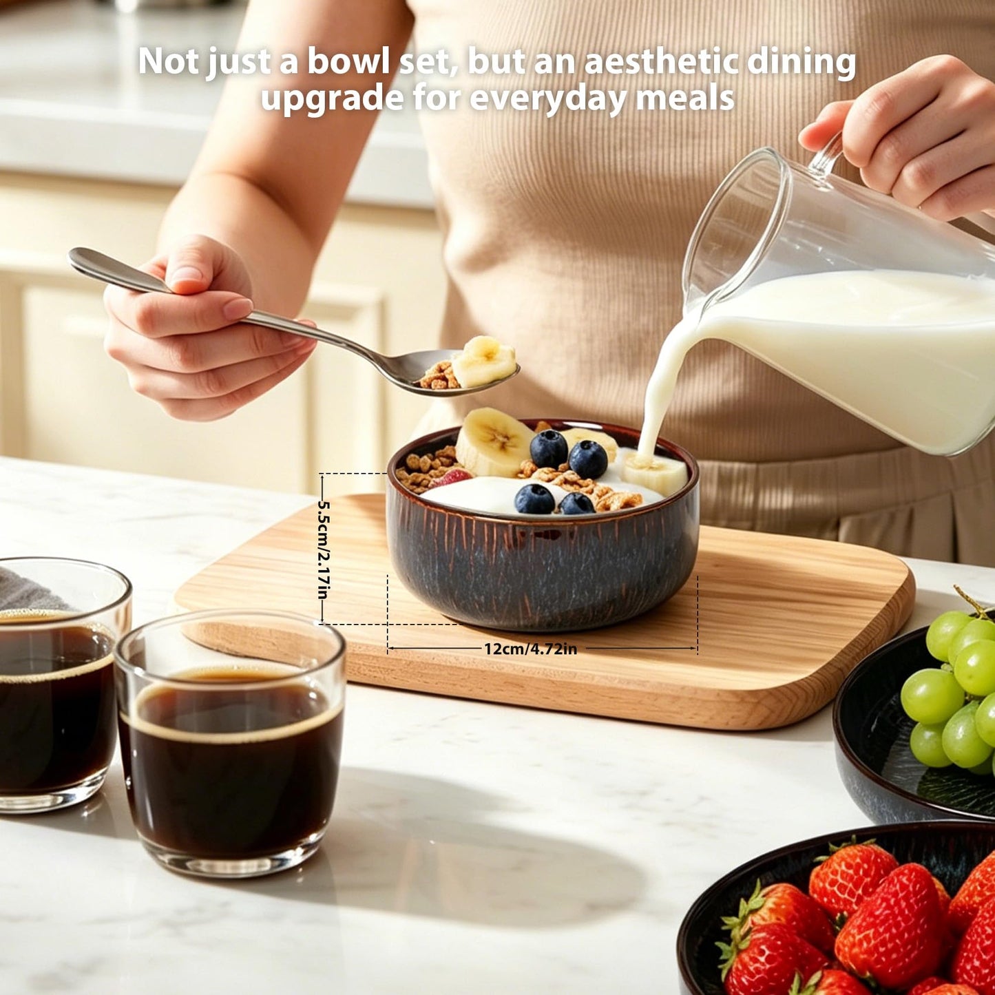 CLAYORA Stoneware Bowls Set of 4, Ceramic Bowl Set, Aesthetic Soup & Cereal Bowls for Salad Bowl, Ice Cream Bowl, Fruit Bowl, Unique Handmade Glaze Finish, Modern Kitchen Dining Decor