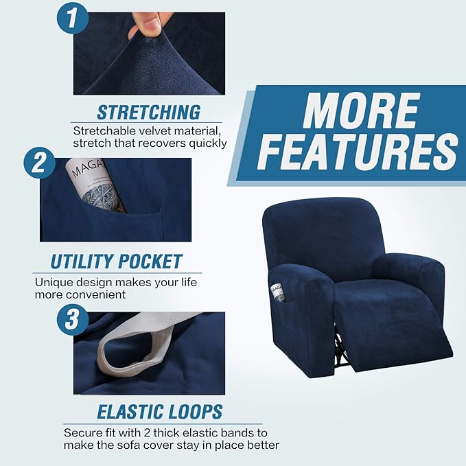H.VERSAILTEX Velvet Stretch Recliner Couch Covers 4-Pieces Style Recliner Chair