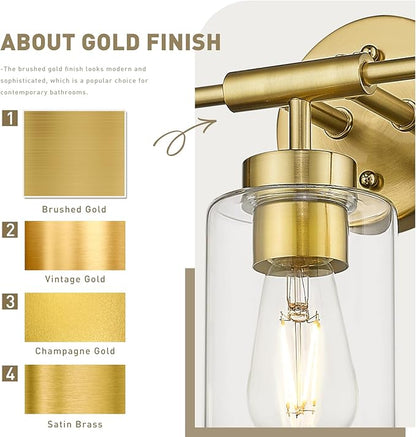 zeyu 3-Light Vanity Lighting Fixtures, Modern Vanity Lighting Fixtures Over Mirror with Cylinder Clear Glass Shade, Brushed Gold Finish, ZS62B-3W BG