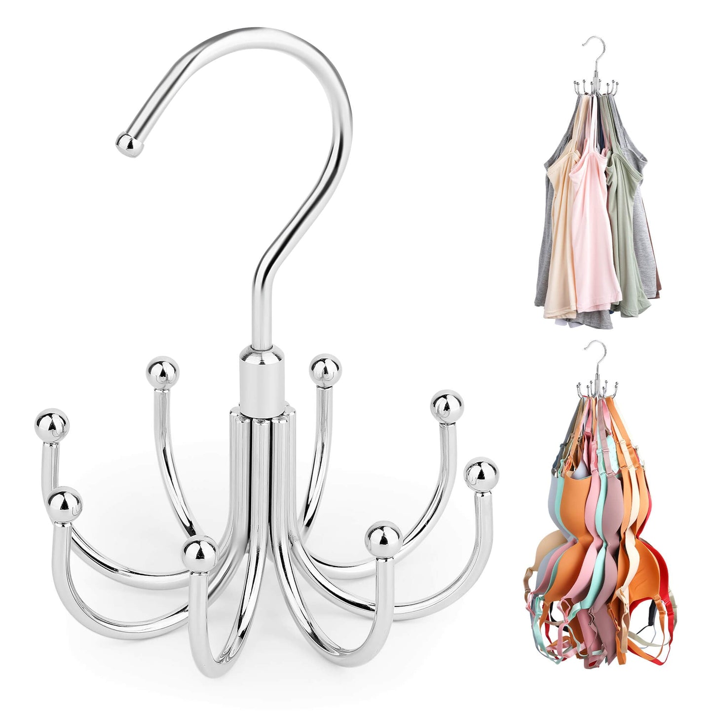 ZEDODIER Tank Top Hanger, Rotatable Bra Organzier for Closet, Max 24 Storage Capacity Sport Bra Holder, Metal Space Saving Closet Organizers and Storage, Silver