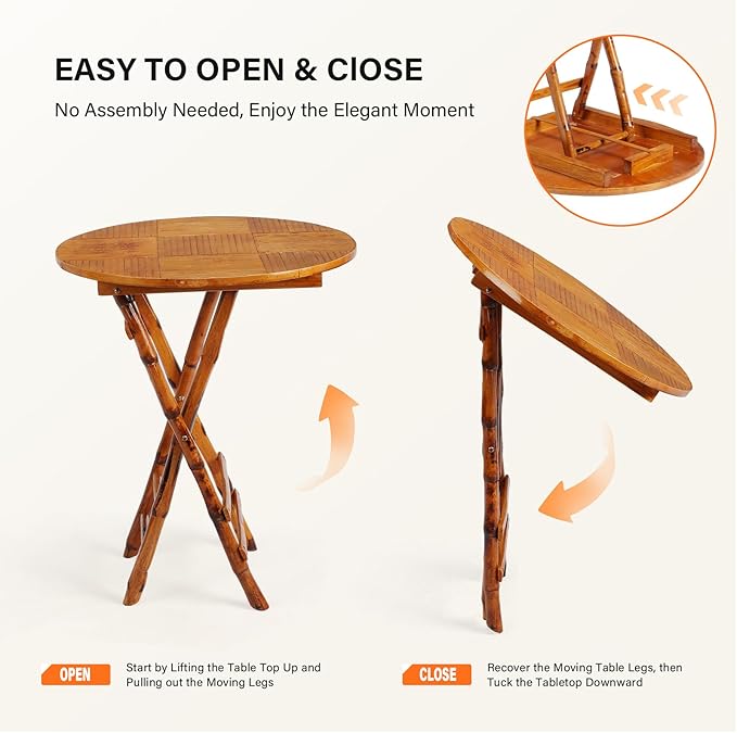 VINGLI Bamboo Folding Chair Table 3 Piece Bistro Set, Foldable Dining Wood