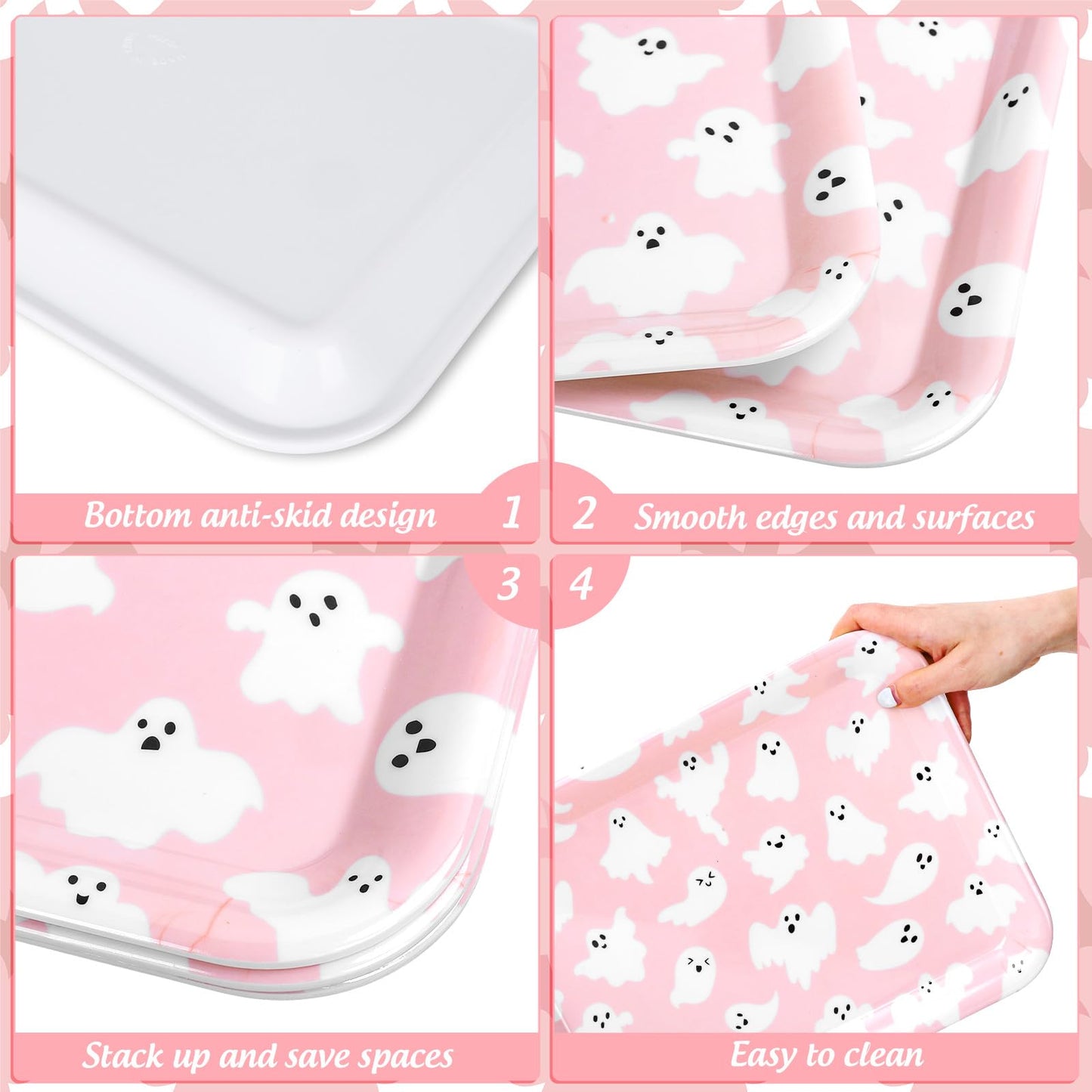 JarThenaAMCS 3Pcs Halloween Serving Trays Pink Ghost Platter Cute Ghost Reusable Serving Dishes for Birthday Baby Shower Party Sharing Snacks Fruit Dessert, 13 x 10 Inch