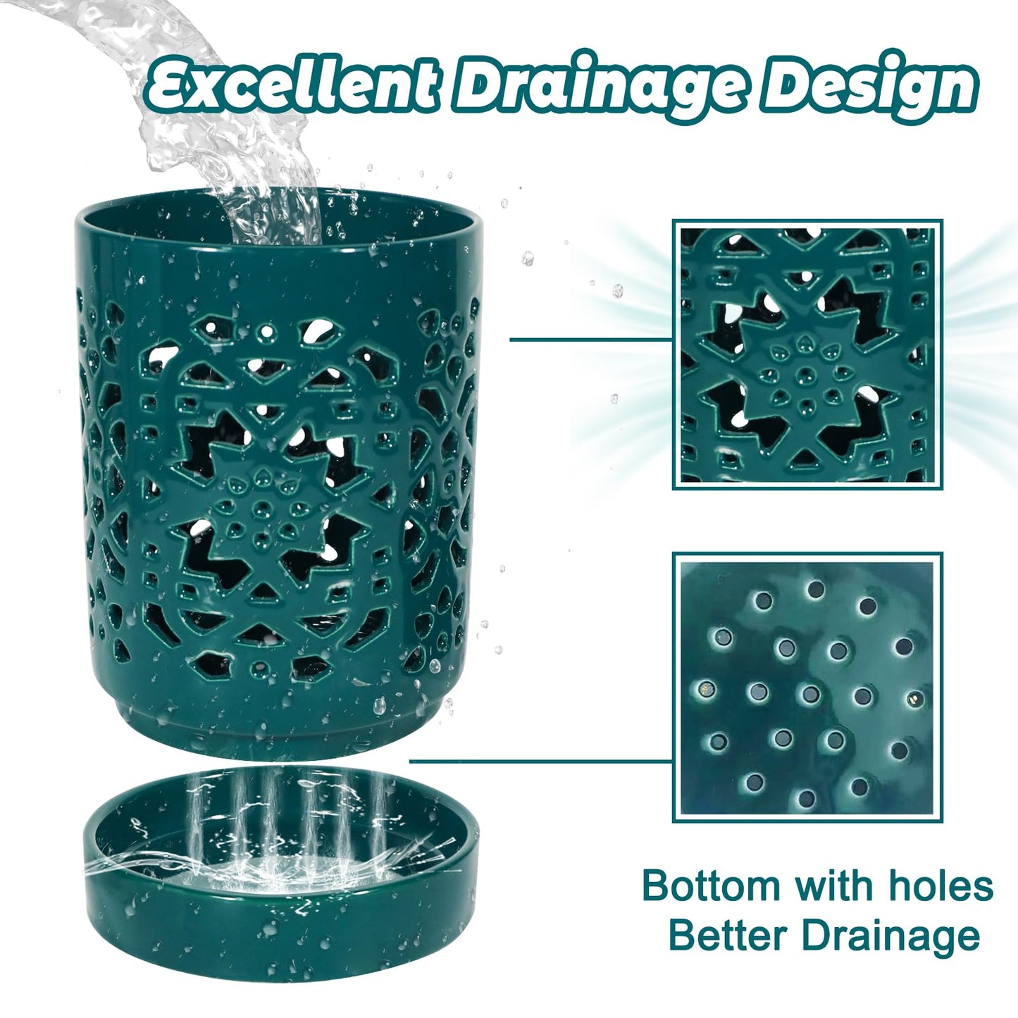 Exzzauk 4 Inch Orchid Pots with Holes, Garden Ceramic Orchid Pots with Separate Saucer for Indoor Outdoor Repotting (Green)