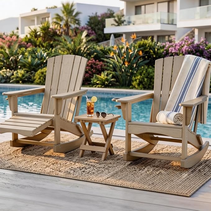 Adirondack Rocking Chair with Retractable Ottoman, Outdoor Folding Adirondack