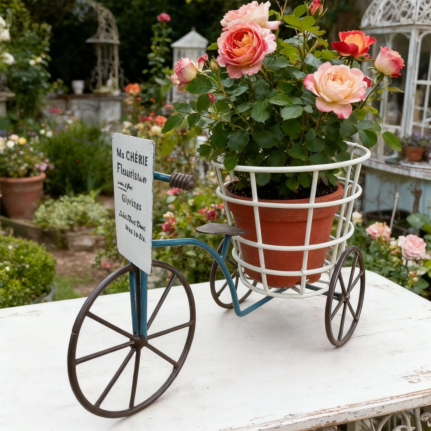 Psdndeww Metal Three Wheel Flower Pots Holder Container for Plant with Drainage Sturdy Construction Easy to Assemble and Maintain Beautiful Iron Tricycle Flower Pots Holder Container