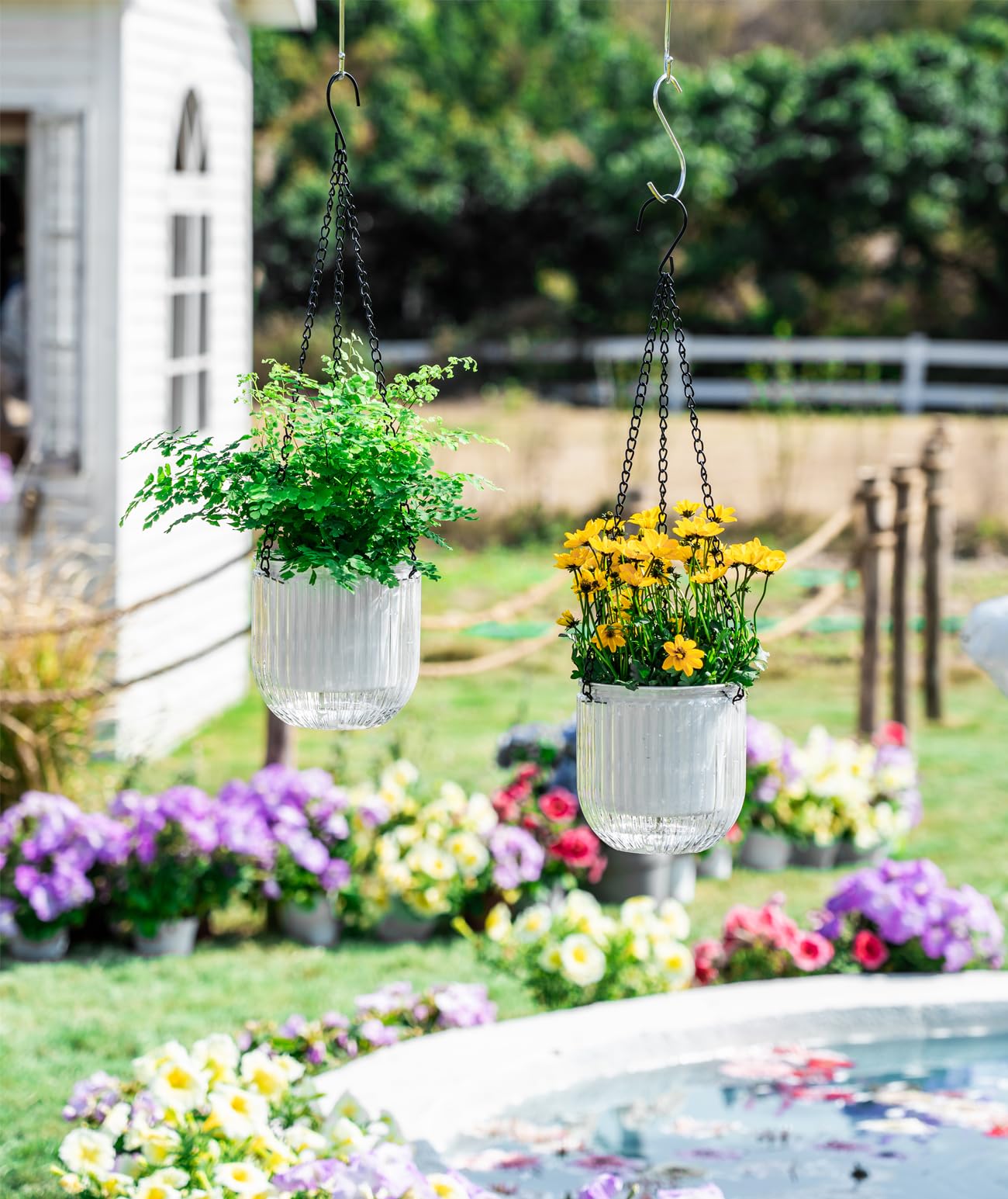 Melphoe 2 Pack Self Watering Hanging Planters Indoor Flower Pots, 5.3 Inch Outdoor Hanging Basket, Plant Hanger with 3Hooks Drainage Holes for Garden Home (White)
