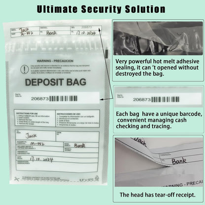 Plastic Deposit Bags 30-Pack 9.5''x 15'', Clear Security Bank Deposits,Cash register,Money bag for Cash,Bank Pocket,Tamper-Evident,Unique Barcode