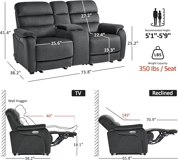 MCombo 73.8'' Wall Hugger Power Loveseat Recliner, Reclining Loveseat