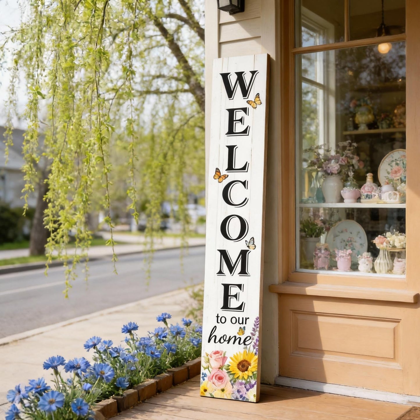 Welcome Sign for Front Door, Large 47 inch Wood Framed Welcome to Our Home Sign with Spring Flower Print & Hanging Rope, Vertical Farmhouse Wooden Board Standing for Outdoor Yard Patio