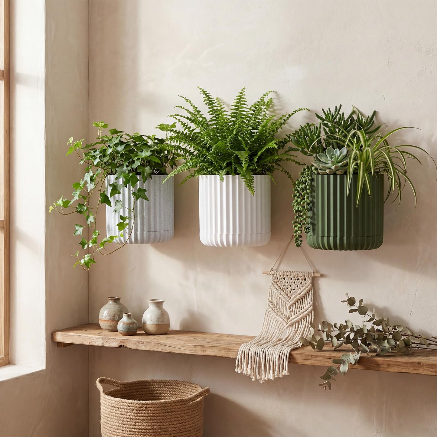 LOYIM Minimalist Wall Planter Set of 3 - Indoor Hanging Planter with Hidden Mount & Drip Tray, Modern Home Decor, Floating Plant Shelf for Succulents & Herbs