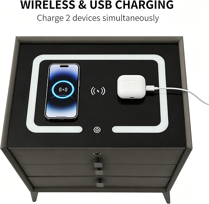 Smart Nightstand with 3 Drawers, Tri-Color Lights, Wireless Charging Port and