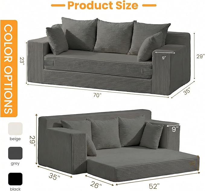 Oversized Boneless Loveseat, 3 Seater Pull Out Convertible Sofa Bed