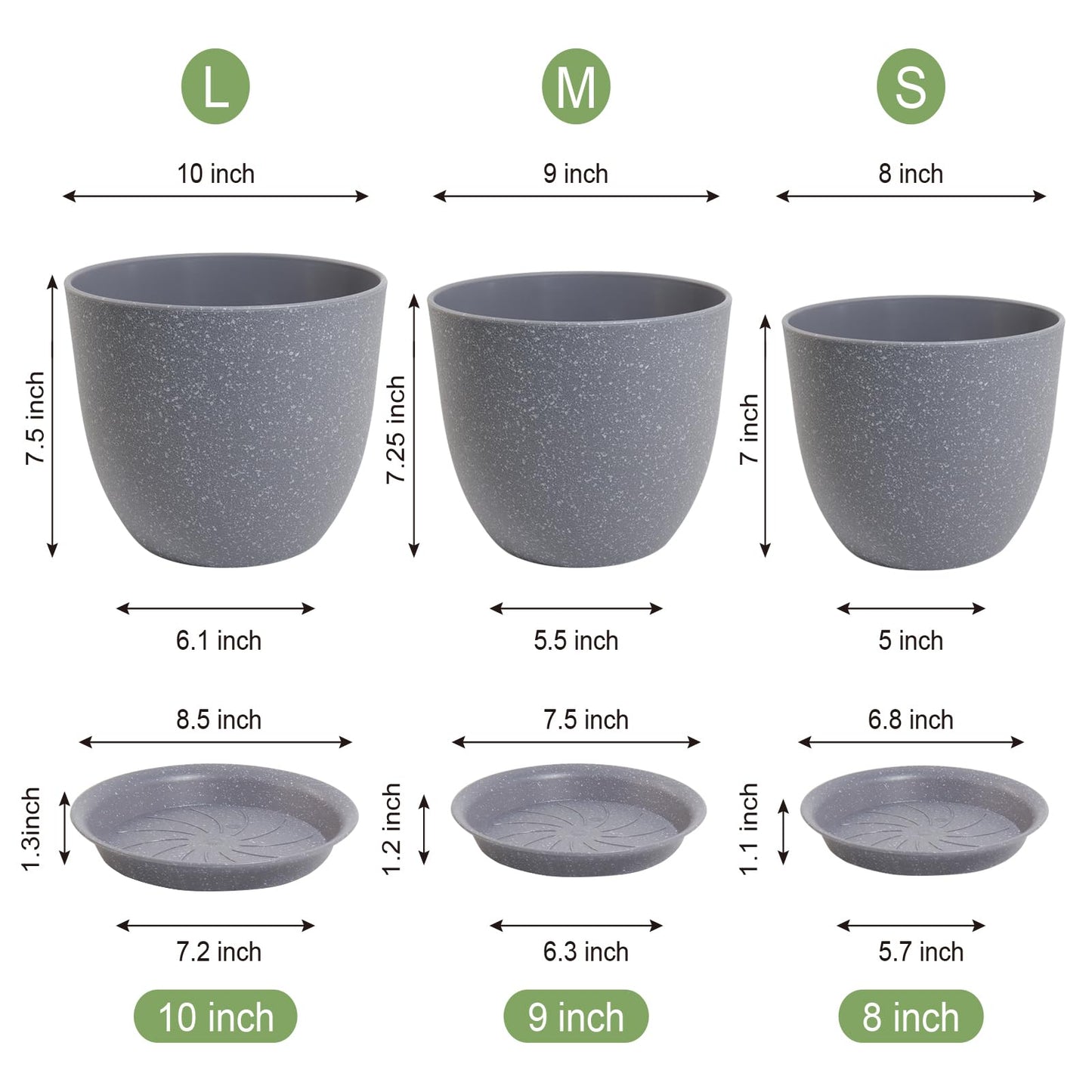 WSMKSZ 10/9/8 inch Plant Pots, Set of 3 Modern Decorative Plastic Planters with Drainage Holes and Saucers for Garden House Plants, Flower Pots for Indoor Outdoor Plants, Speckled Grey