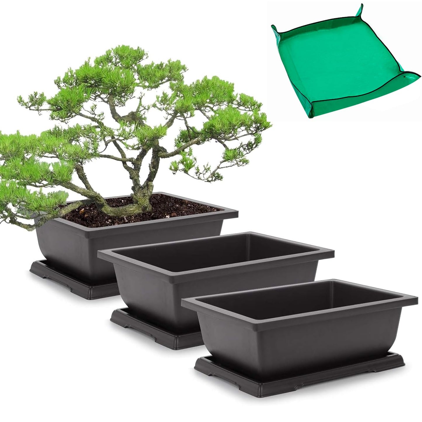 GROWNEER Bonsai Training Pots 3 Packs 9Inch with Drainage Humidity Trays, Bonsai Tree Starter Kits with 1 Repotting Mat, Growing Planter Set for Garden, Yard, Balcony, Office, Living Room