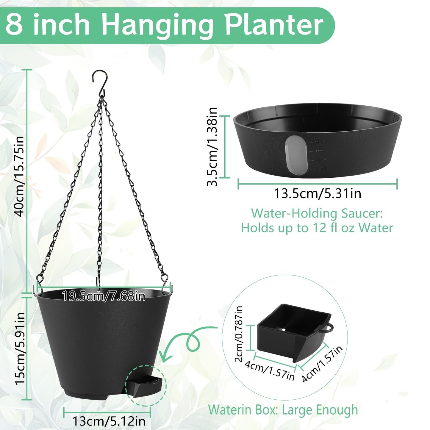 8 Inch Hanging Planters Indoor Outdoor, 3 Pack Plastic Self Watering Plant Pots with Drainage Holes & Saucers, Hanging Baskets Flower Pots with Chain for Ivy, Spider Plant, Pothos, Ferns