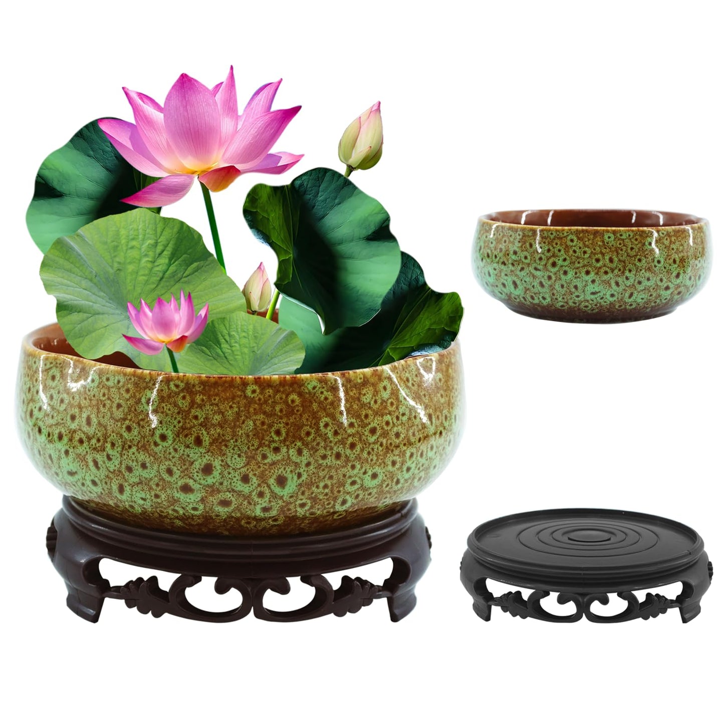 YOSMAKIY Lotus Bowl Planter，Decorative Ceramic Bowl Lotus for Water Plants with Black Stand, Green and Brown Glazed Finish