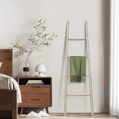 LuxenHome Rustic Blanket Ladder, 61'' Birch Wood 4-Rung Blanket Ladder, Farmhouse Towel Rack Stand for Bathroom Living Room Decor, Towel Holder House Furniture, Home Decor Accessories