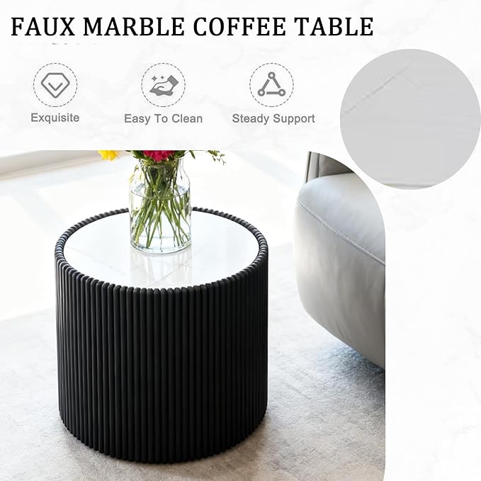 Marble Round Side Table, 17.71" Fluted End Table