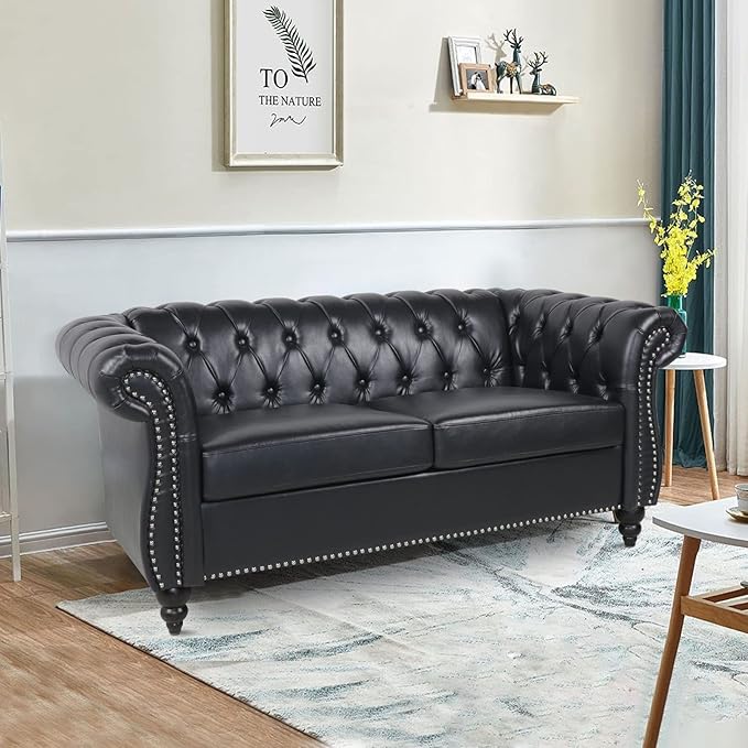 LEVNARY Leather Sofa, Chesterfield Tufted Upholstered 2 Seater Couch, Modern