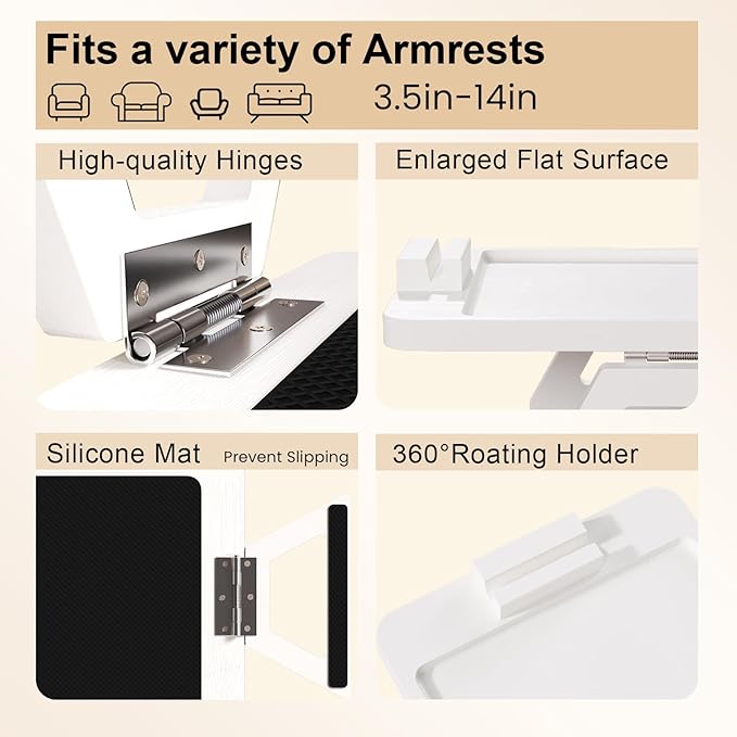 Couch Arm Tray with 360°Phone, Bamboo Folding Sofa Tray, Sofa Armrest Trays
