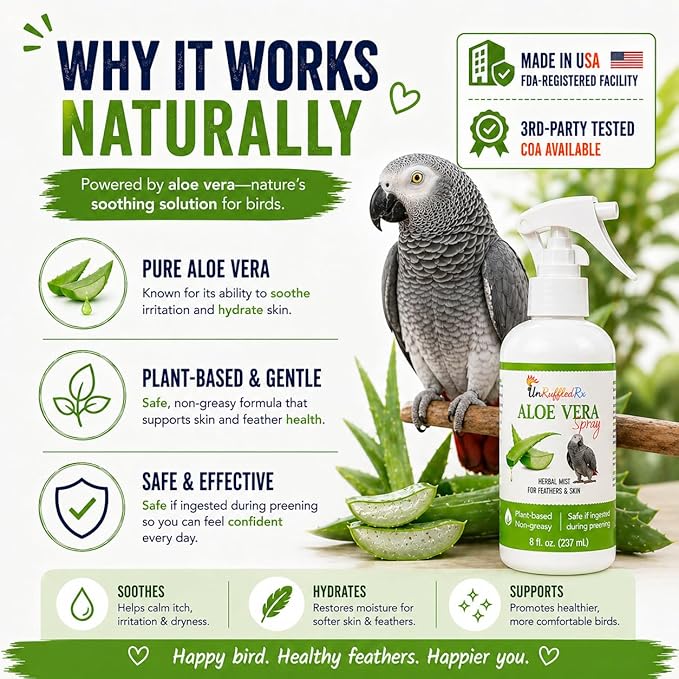 UnRuffledRx Aloe Vera Bird Spray for All Birds – Soothes Itchy Skin & Feather Plucking – 8oz Odor-Free Mist, Safe if Ingested, Daily Use Bird Mist, Softens Feathers, Natural Formula – Made in USA
