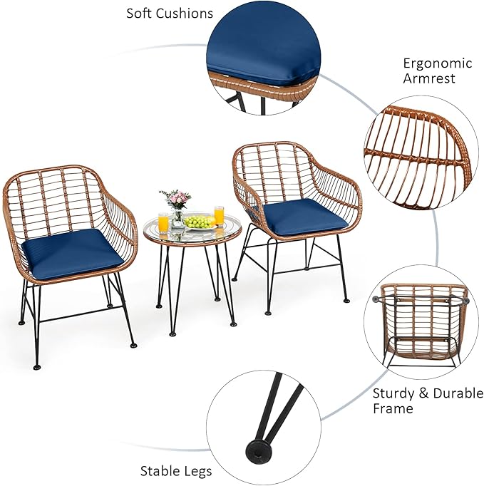 Tangkula 3 Pieces Patio Conversation Bistro Set, Outdoor Wicker Furniture
