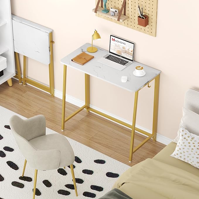 WOHOMO White Faux Marble Folding Desk, 31.5" Small Desk