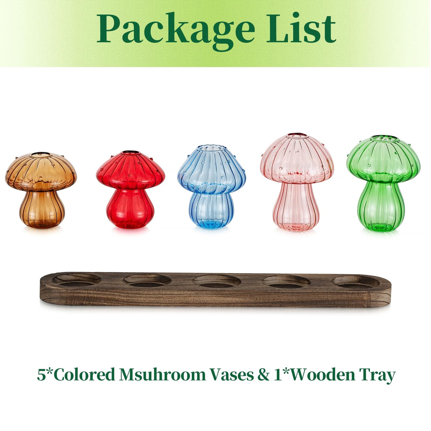Glass Propagation Station for Plant: Mushroom Planter with Wooden Stand for Home Office Decor - Unique Propagation Jars for Plant Lovers - Set of 5 Hydroponic Mushroom Vases Gift for Mom