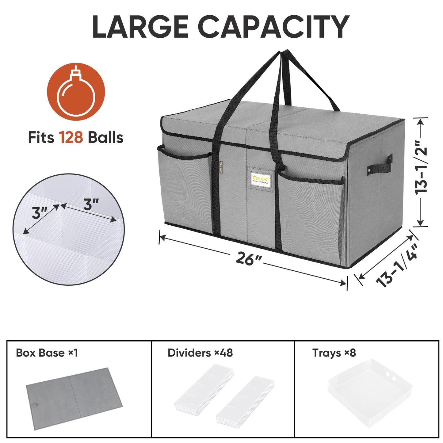 BALEINE Christmas Ornament Storage Box with Dividers, Premium Holiday Ornaments Storage Container Bin for Xmas Decorations (128 Ball, Grey, Hard)