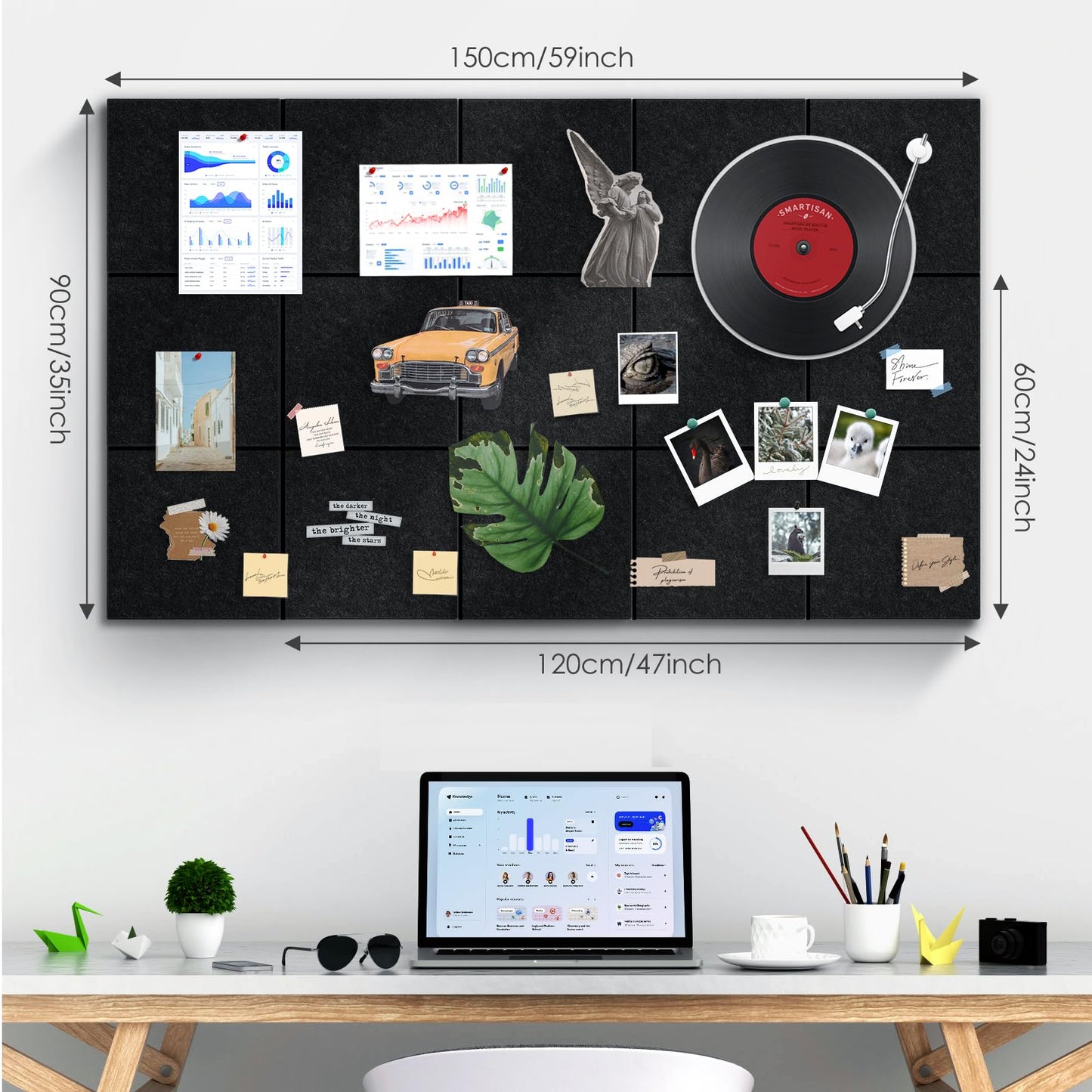 Bulletin Board 47" X 24" Cork Boards for Wall Alternative 8 Pack Black Non-Stripe Felt Bulletin Board 48 Safe Adhesive 35 Push Pins for Office School Home Room Decor